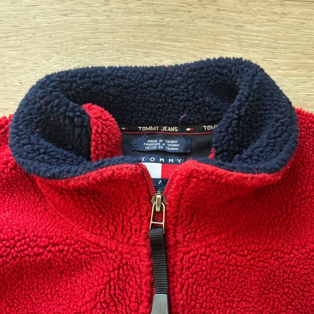 Tommy Jeans Mens XXL Red Quarter Zip Sherpa Fleece Pullover Elbow Patches 0677 - Picture 6 of 9